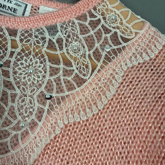 VINTAGE 1980’s Pink Sweater Coquette Pearl Beaded Fuzzy Lace Girly Soft Size M - Picture 10 of 12
